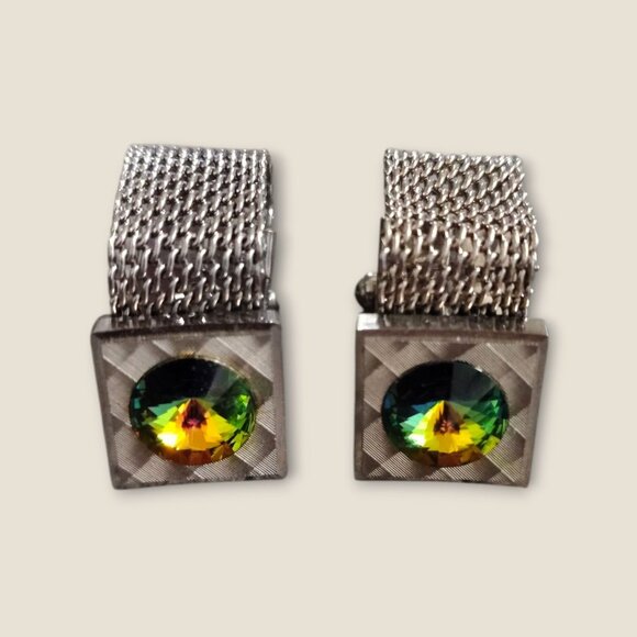 Vintage Estate Mesh  Silver Tone Cufflinks With Watermelon Rhinestone - Picture 3 of 7